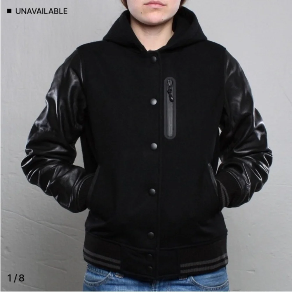 Nike NSW Black Leather Wool Hooded Destroyer Varsity Bomber Jacket S Letterman